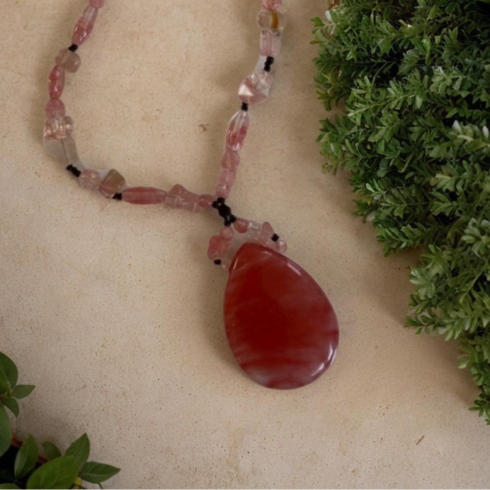 Rose Quartz and Glass Pendant Necklace 
30”long with 2”inch drop